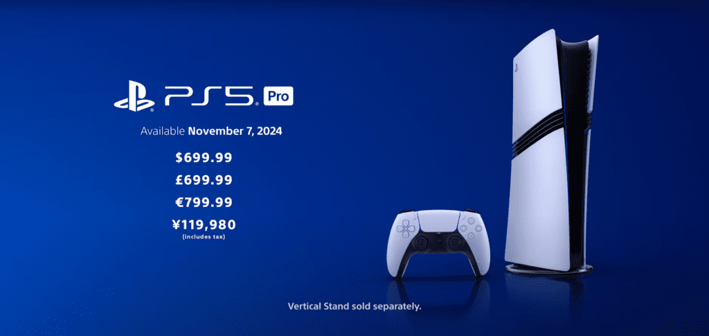 The Playstation 5 Pro on the right with the price for it in each territory listed on the left.