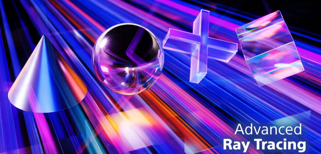 An abstract image of Playstation shapes with colored light underneath featuring "Advanced Ray Tracing"