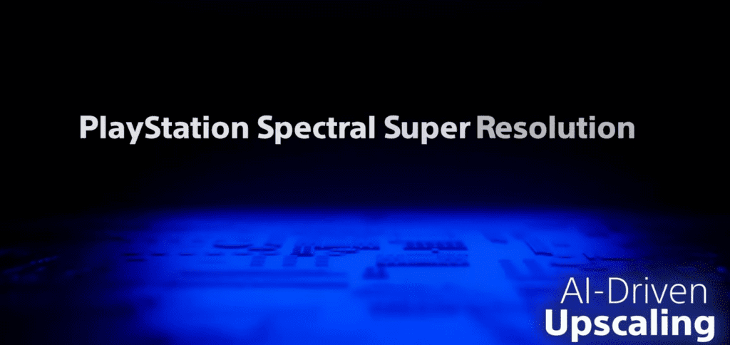 AI-Driven Upscaling called Playstation Specrtral Super Resolution text above a blue tinted abstract PS5 motherboard
