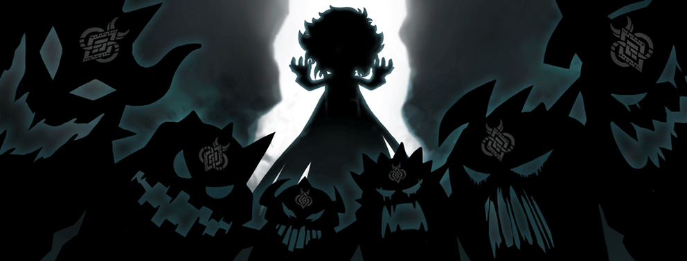 7 dark figures from Maplestory laughing in a circle with a storm in the background