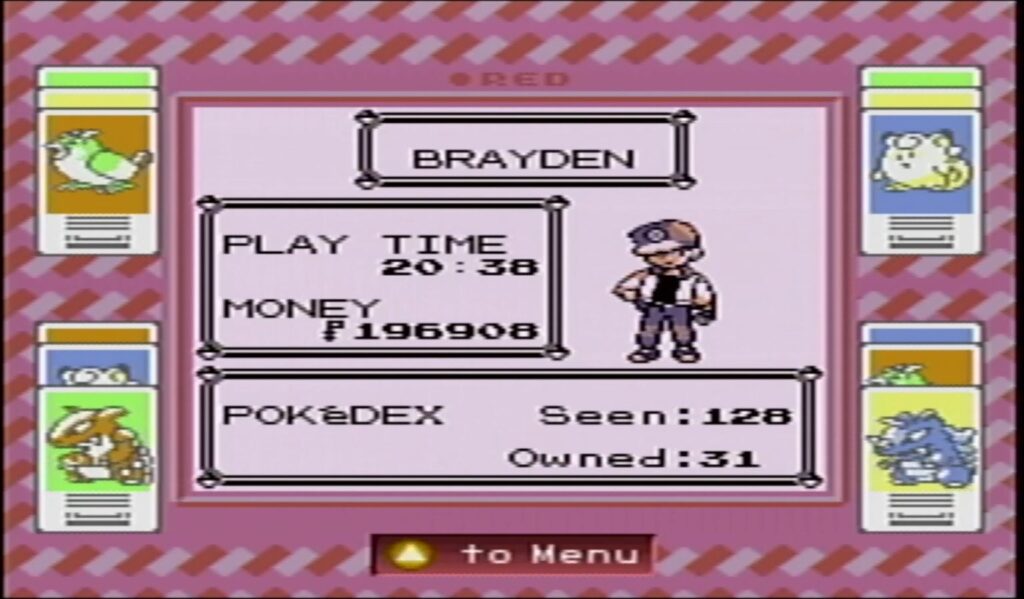 The ending card showing play time and Pokemon caught in Pokemon Red